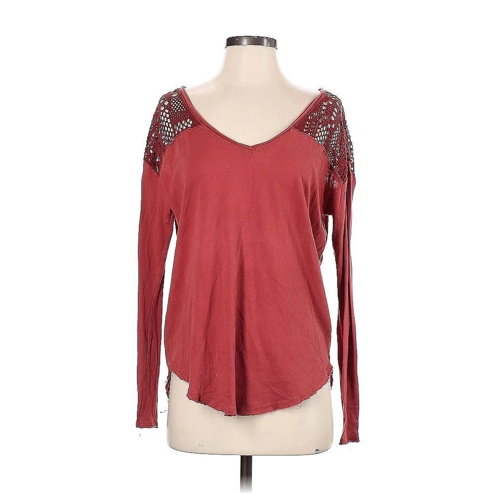 We The Free PEOPLE Shirt Womens XSmall Crochet Detail V-Neck Long Sleeves Rust